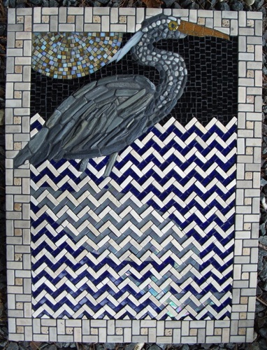Reflected Heron; 20" x 26"; natural stone, stained glass, marble; $2000.00